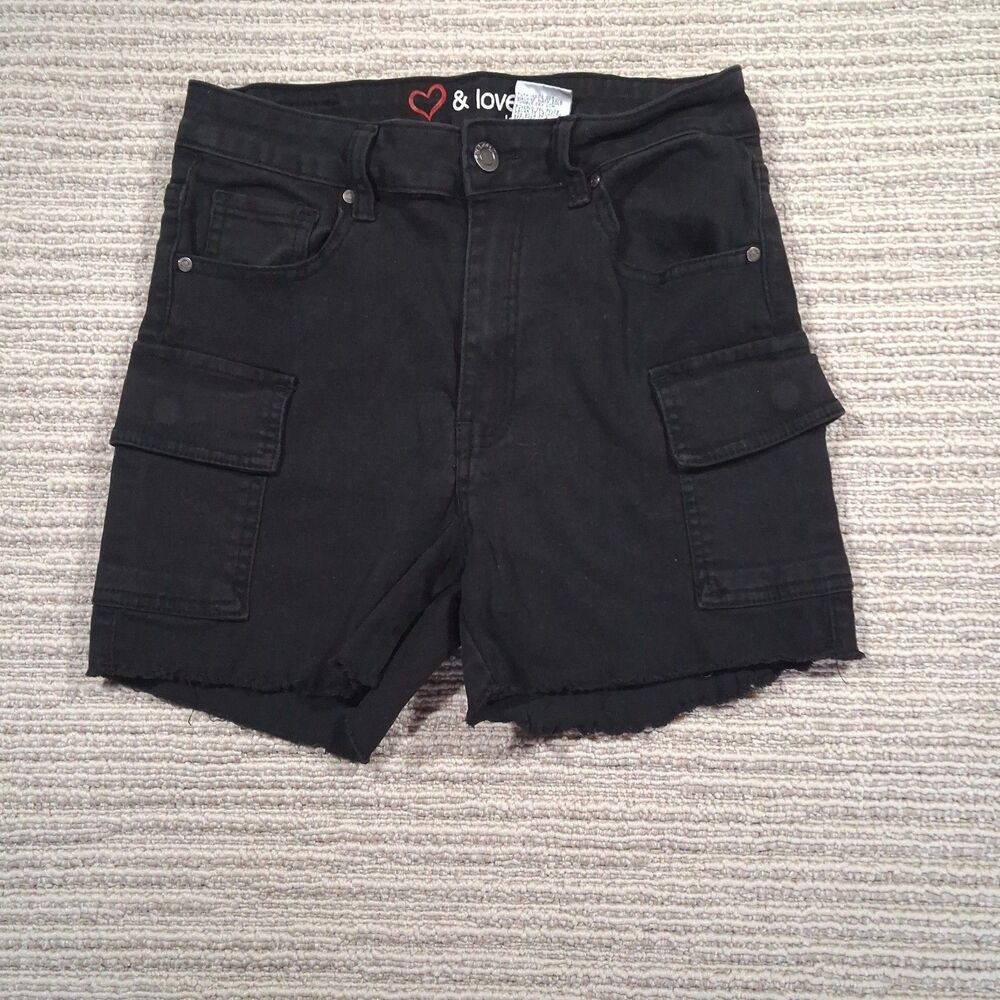 & Lovely Black Denim Cutoff Cargo Shorts Junior Size 5 Raw Hem Stretch Y2K